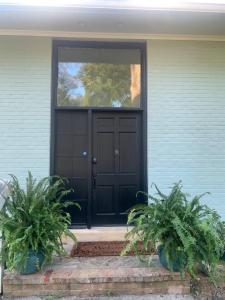 una puerta negra de una casa con dos macetas en Silver Spring Serene 2BR 2BA, Nature And Access en Silver Spring