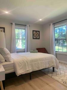 a bedroom with a large bed and two windows at Tranquil Trio 6 BR, 4 BA, 3 Units, Deer Haven in Silver Spring
