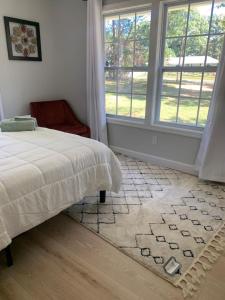 1 dormitorio con cama, ventana y alfombra en Serene Lush 2BR Gem, on 1 acre Silver Spring en Silver Spring