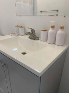 um lavatório de casa de banho com duas garrafas brancas em Silver Spring Serene 2BR2BA, Nature And Access em Silver Spring