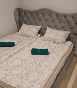 a bed with two green pillows on it at Sodyba Azagis in Vilkanastrai