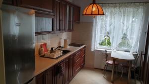 a kitchen with a refrigerator and a sink and a window at Dom wakacyjny Bogaczewo in Bogaczewo