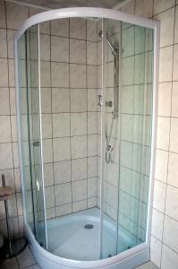 y baño con ducha y puerta de cristal. en Pension an der Stadtmauer Apartments, en Wernigerode