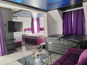 um quarto com uma cama, um espelho e um sofá em Hedonic Wellness Apartmani em Niš