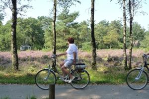 une femme à vélo sur une route dans l'établissement Familiehuis De Eekhoorn - 16p, à Otterlo