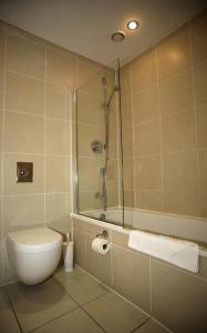 La salle de bains est pourvue d'une douche, de toilettes et d'un lavabo. dans l'établissement The Grove - Properties Unique, à Newcastle upon Tyne