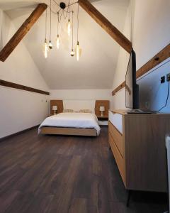 a bedroom with a bed and a tv in it at les charmes de la vallée noble in Soultzmatt
