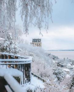 una colina cubierta de nieve con un edificio en el fondo en Appartement avec vue 180 sur le Lac Léman en Thonon-les-Bains