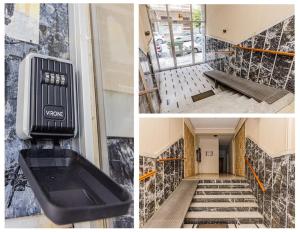a collage of three pictures of a hallway with a bench at Evann's luxury suite in Larisa