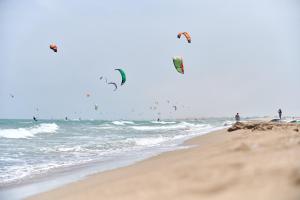 a group of people flying kites on the beach at Glamping Costa Brava in Fortiá