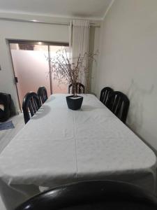 einem Tisch mit einem weißen Tischtuch und einer Topfpflanze darauf in der Unterkunft Alojamiento-frente al estadio 4 personas in Tarija