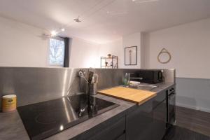 une cuisine avec un comptoir en acier inoxydable et un évier dans l'établissement Apartment near the train station ouigo TGV, à Tourcoing
