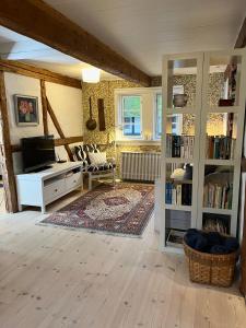 a living room with a tv and a book shelf at Millinge Gamle Skole in Millinge