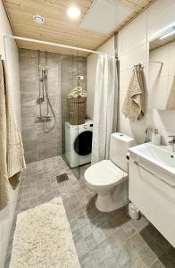 a bathroom with a toilet and a shower and a sink at New 3-Bed Apartment & Free Garage parking in Vantaa