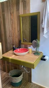 a bathroom counter with a sink and a mirror at Boho Glamping in Wilderness