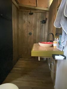 a bathroom with a sink and a bowl on a counter at Boho Glamping in Wilderness