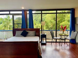 科羅的住宿－Ngermid Oasis- 1BD, Beautiful Lodge, Amazing Views，一间卧室配有床,阳台配有蓝色窗帘