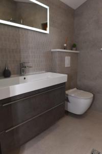 La salle de bains est pourvue d'un lavabo blanc et de toilettes. dans l'établissement Villa Ivka, à Ploče