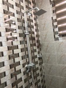 y baño con ducha y pared de azulejos. en JINKOR APARTMEENT, en Accra