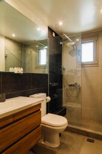a bathroom with a toilet and a glass shower at Gea Mani Villas in Agios Nikolaos
