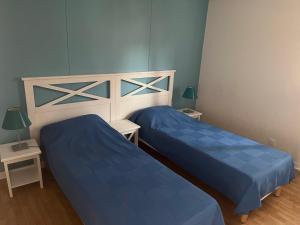 duas camas num quarto com lençóis azuis e candeeiros em Patrimoine et immobilier Villas du Lac em Soustons