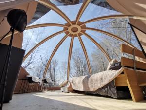 Zimmer mit einem großen Fenster und einem Bett in einem Zelt in der Unterkunft OUT & LODGE, Wigwam in Couvin