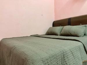 Kampong Wakaf TengahにあるTeratak Tok Ma Rumah Nyatuhのベッド(緑色の掛け布団、枕付)