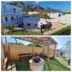 dos fotos de una casa y un patio trasero con un banco en Nivenia Beach House en Bettyʼs Bay