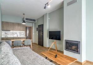 ein Wohnzimmer mit einem Sofa und einem Kamin in der Unterkunft Arachova's Experience M2 in Arachova
