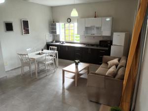 ein Wohnzimmer und eine Küche mit einem Sofa und einem Tisch in der Unterkunft Apartahotel MACADANA in Nagua