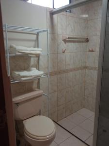 a bathroom with a toilet and a shower with towels at DouchkaHouse in Puerto Maldonado