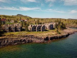 an aerial view of a house by the water at Surfside on Lake Superior in Tofte