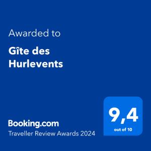 Сертификат, награда, вывеска или другой документ, выставленный в Gîte des Hurlevents