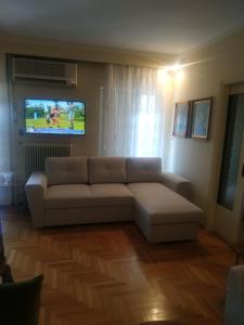 sala de estar con sofá y TV de pantalla plana en ΕΥΕΛΗ, en Édessa