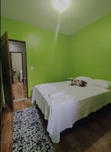 Dormitorio verde con cama y espejo en Casinha do Beco 01, en Lençóis