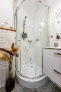 a bathroom with a shower with a glass door at K1 Piatok Sobota Disco Cez tyzden tichy apartman in Košice