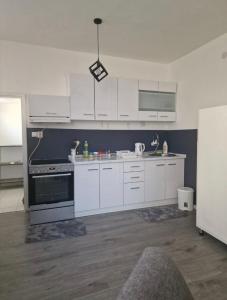 a kitchen with white cabinets and a black oven at Black & White Modern Apartment in Tuzla