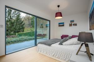 1 dormitorio con 1 cama y una gran ventana de cristal en Villa calme avec vue 4 à 8 personnes - salle de sport, en Saint-Amarin