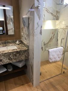 伊瓦拉的住宿－Hotel Ajavi，带淋浴、盥洗盆和镜子的浴室