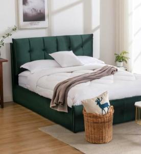 a bed with a green headboard in a bedroom at ESCAL'HOME , appart design au pied de l'aéroport,parkings in Blagnac