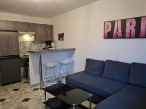 uma sala de estar com um sofá azul e uma cozinha em Appartement central et au calme em Nice