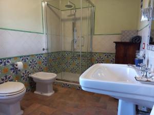 y baño con aseo, lavabo y ducha. en Casa Marzocco, en Pomarance