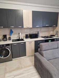 a kitchen with a sink and a couch in a room at Casa ALEX in Apărătorii Patriei