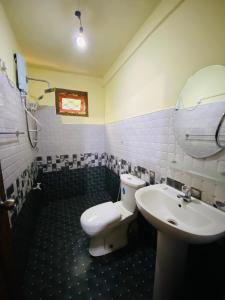 La salle de bains est pourvue de toilettes blanches et d'un lavabo. dans l'établissement Doranagala Holiday Home, à Matale