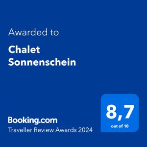 Certifikat, nagrada, logo ili neki drugi dokument izložen u objektu Chalet Sonnenschein