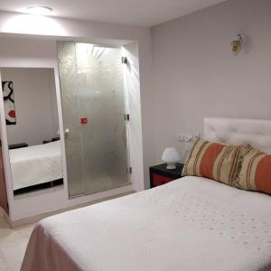 1 dormitorio con cama blanca y espejo en Rosa Ramona Rooms en San Salvador de Jujuy