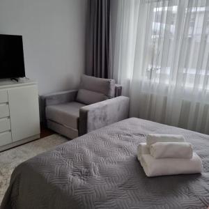 a bedroom with a bed and a chair and a couch at Apartment in a renovated property, 30 m2 in Riga