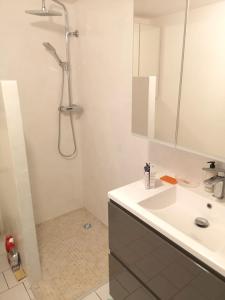 een witte badkamer met een wastafel en een douche bij Maison de 2 chambres avec piscine partagee et jardin clos a Brantome en Perigord in Brantôme
