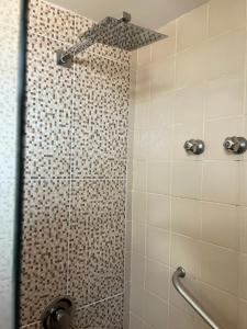 a bathroom with a shower with a shower head at Optimum Plaza Hotel in Monte Alto