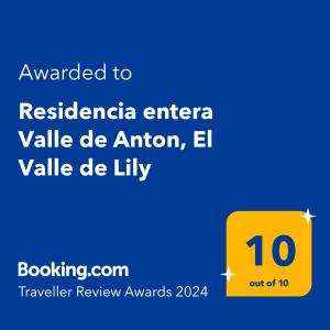 Πιστοποιητικό, βραβείο, πινακίδα ή έγγραφο που προβάλλεται στο Residencia entera Valle de Anton, El Valle de Lily
